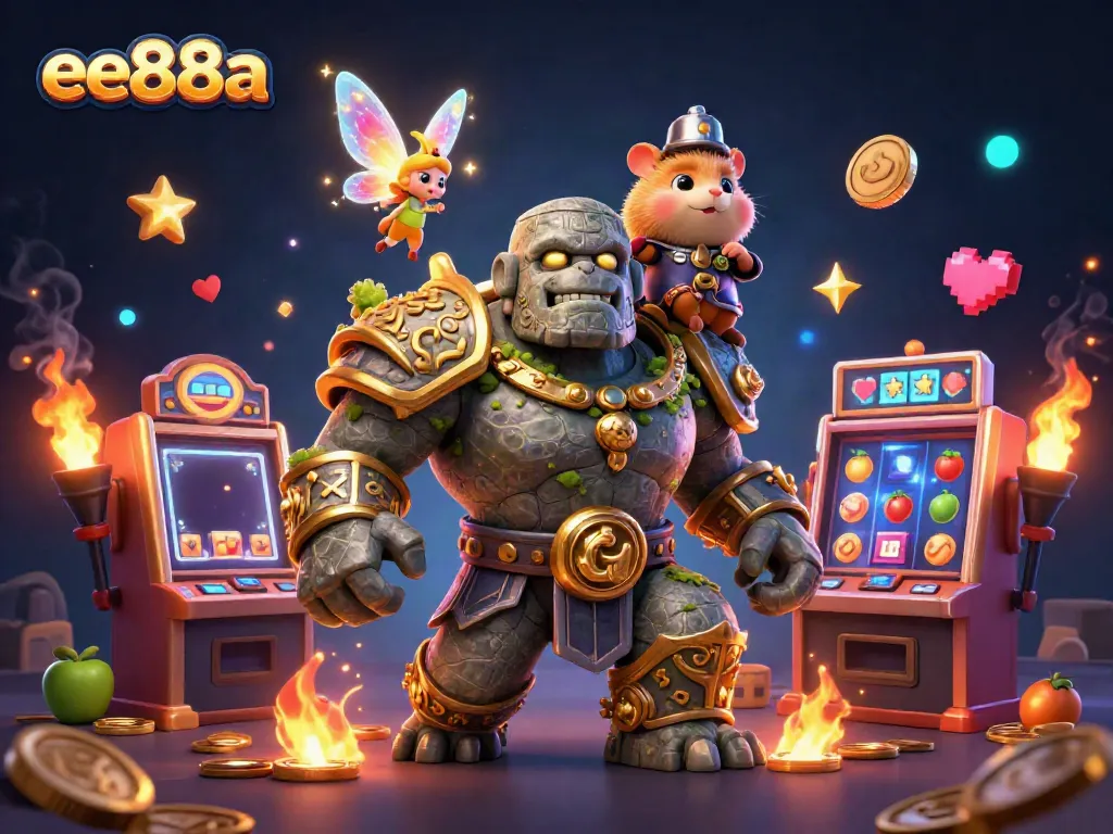 Experience thrilling gameplay at ee88a with a magical golem, fairy, and hamster in an engaging casino environment.