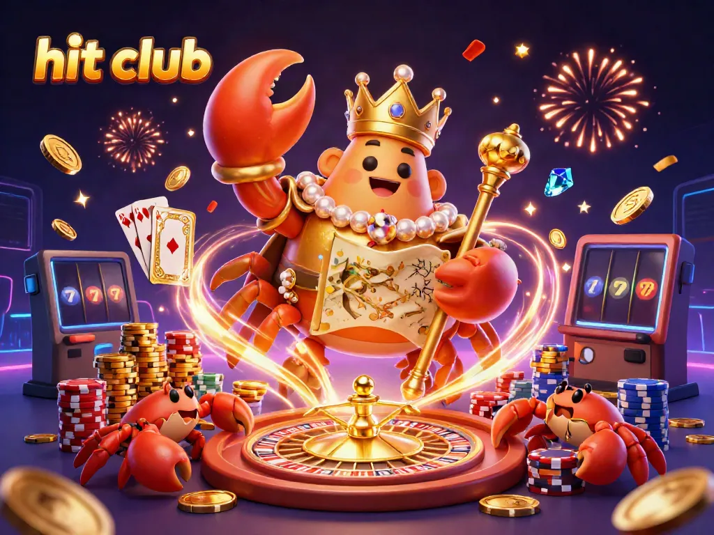Experience the excitement at hit club with golden crab emperor, vibrant casino elements, and celebratory details.