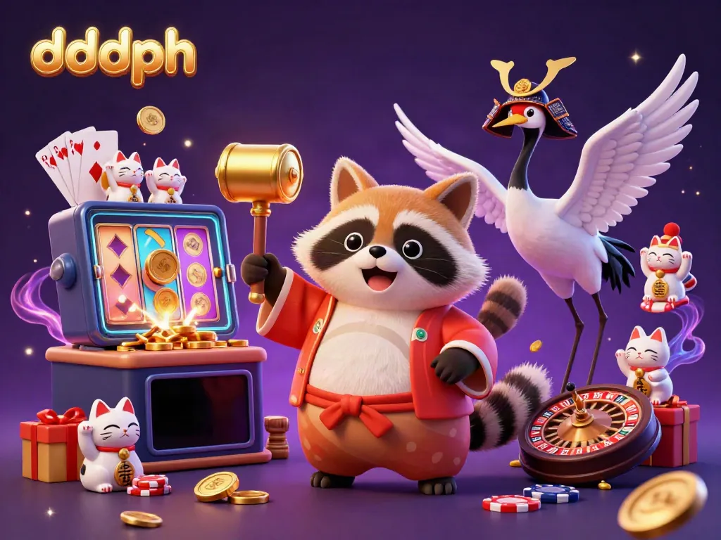Experience the thrill of dddph with cheerful tanuki, crane, and waving fortune cats in a vibrant casino scene.