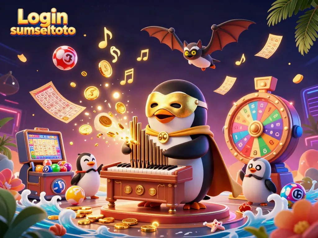 Experience the exciting atmosphere of Login sumseltoto with a whimsical scene featuring a phantom opera penguin and lottery elements.