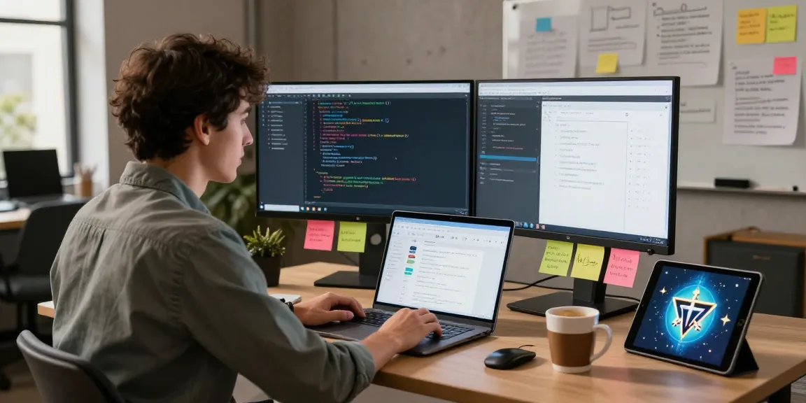 Developer focused on coding Web3 applications at a dual-monitor setup in a modern tech workspace.