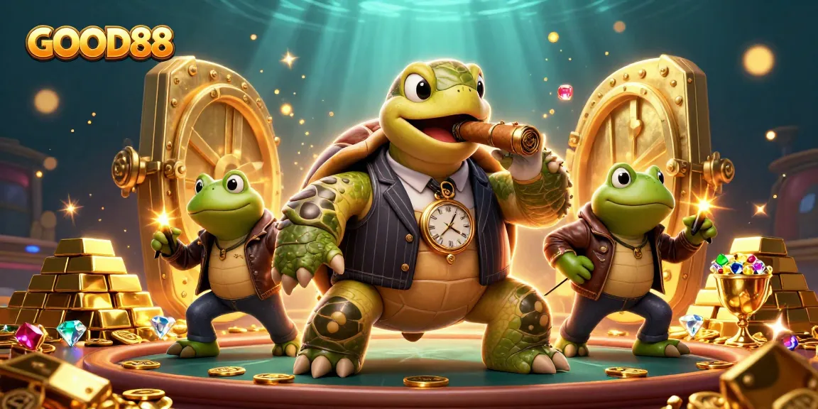 Engage with the exciting treasures of GOOD88 casino featuring a cartoon turtle and bullfrogs.