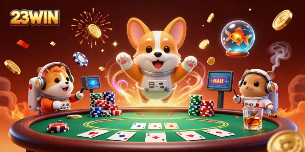Experience winning moments at 23WIN with a floating astronaut corgi amid colorful casino elements.