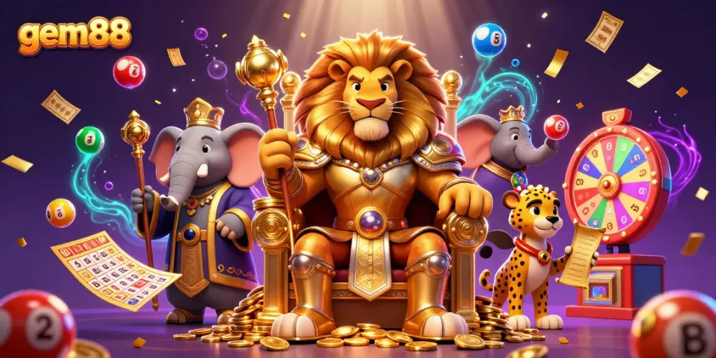 Engage with gem88's vibrant lottery scene featuring an animated lion king amidst a flurry of colorful balls and prizes.
