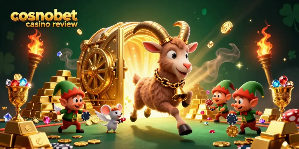 Engage in thrilling gameplay at Cosmobet Casino Review with festive characters and vibrant casino elements.