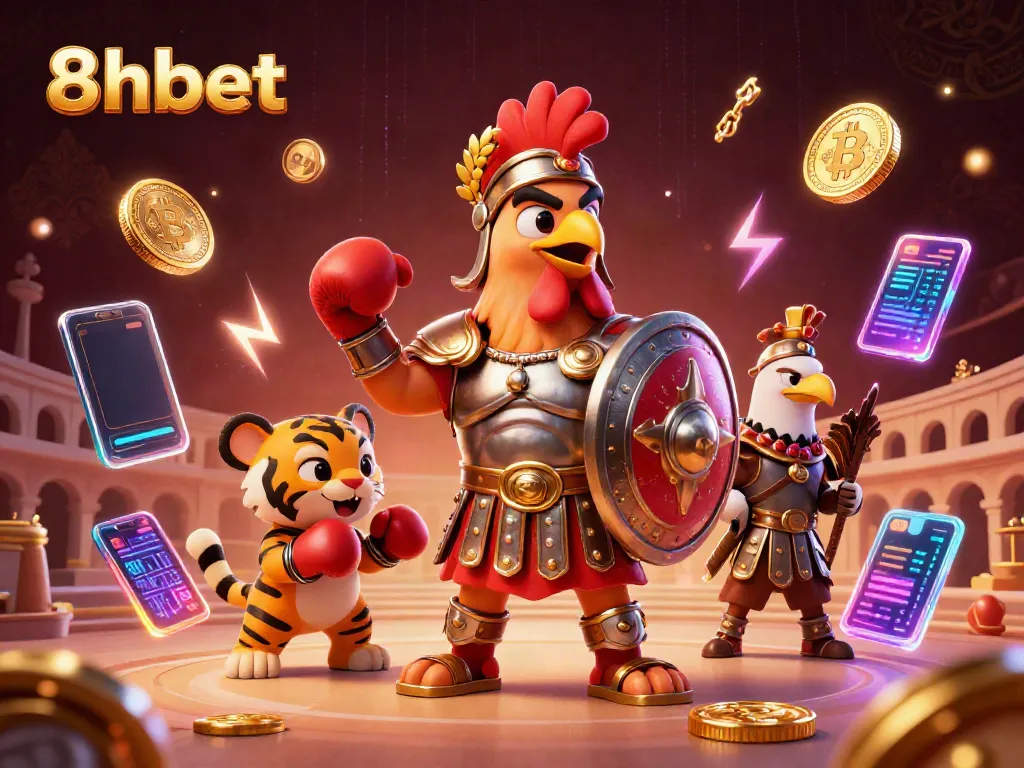 Engage in thrilling gameplay with 8xbet in a vibrant casino scene featuring colorful 3D characters and elements.