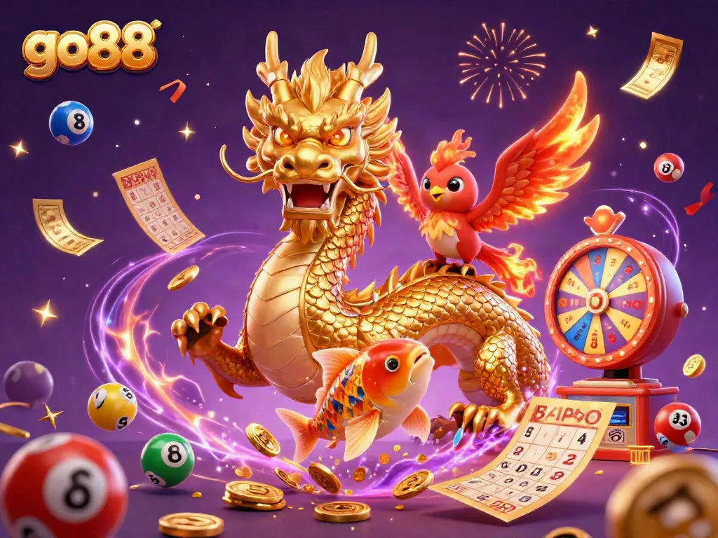 Play exciting games with go88, featuring a striking dragon, phoenix, and koi amidst dynamic gaming elements.
