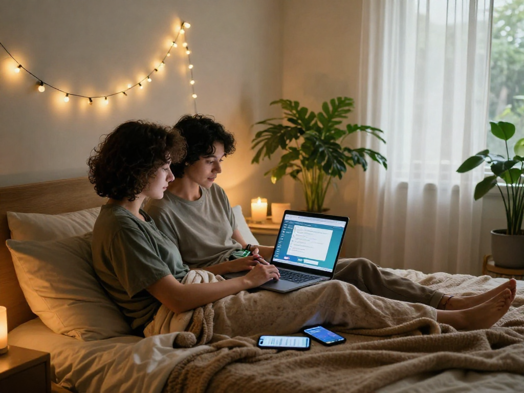 Couple exploring ai sex innovations on a laptop in a cozy bedroom setting
