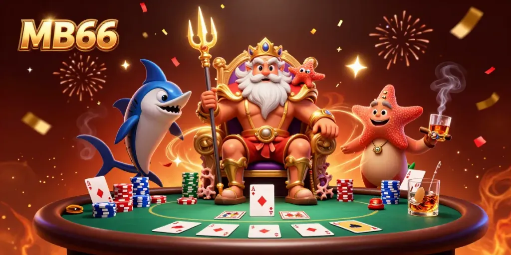Experience the excitement of MB66 with Neptune and poker elements in a vibrant casino scene.