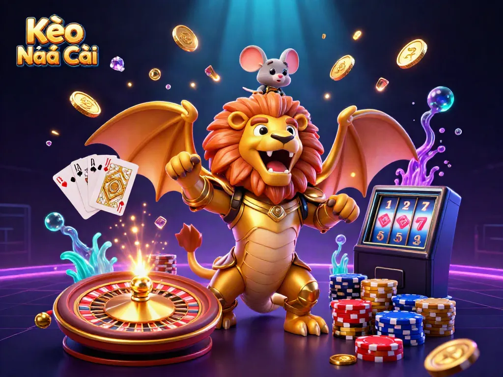 Experience the excitement of Kèo Nhà Cái with colorful casino elements and characters in an energetic setting.