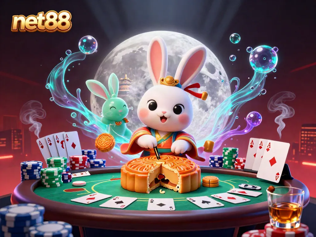 Engage with net88 and discover an enchanting 3D scene featuring poker chips amidst moon rabbits.