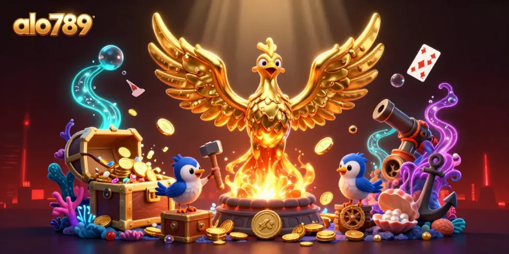 Experience a thrilling game at alo789 with a majestic golden phoenix, gold coins, and vibrant casino elements.