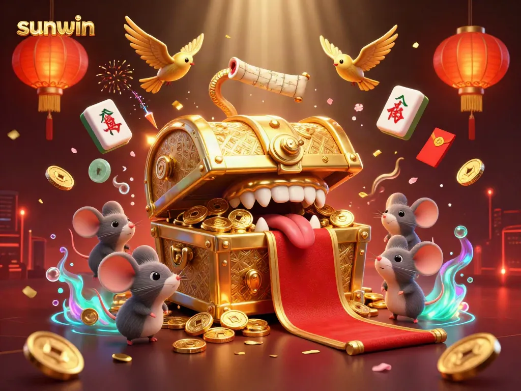 Experience sunwin excitement with a lively treasure chest drawing in adventurous players in a vibrant casino scene.