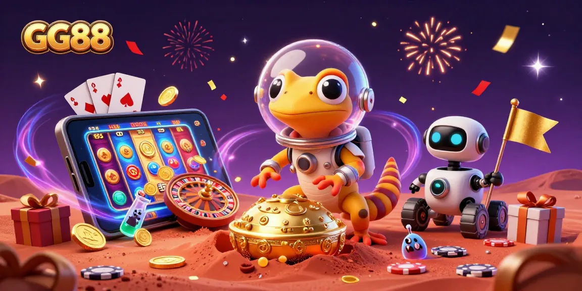 Engage in GG88's exciting golden casino adventure with a Martian gecko and robot sidekick.