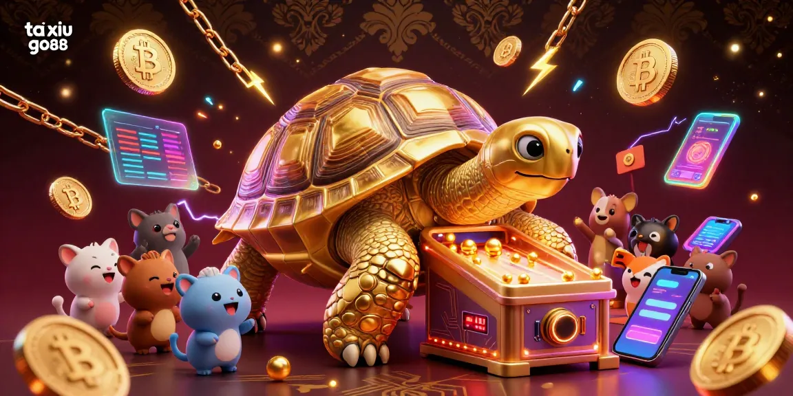 Tai xiu go88 showcases a vibrant casino scene with a golden tortoise pinball machine and cryptocurrency elements.
