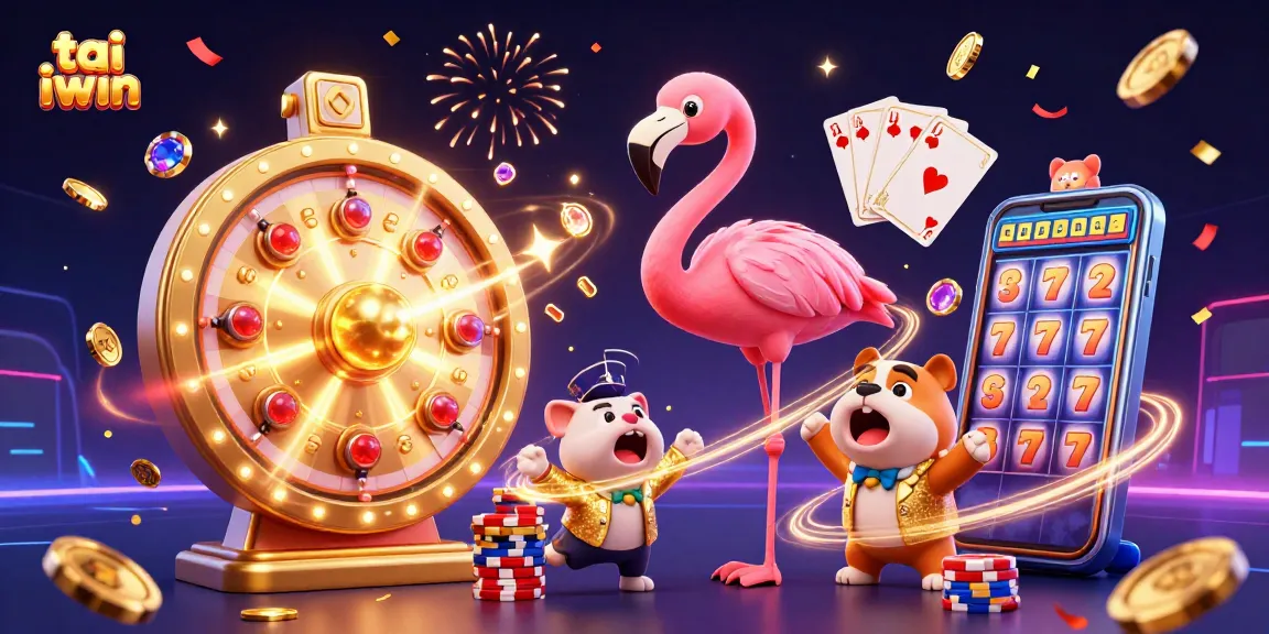 Win with tai iwin as a flamingo host spins a prize wheel amidst casino excitement.
