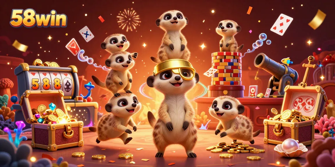 Experience the thrill of winning at 58win casino with meerkats, slot reels, and vibrant treasures.