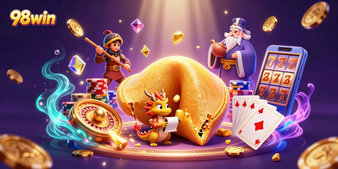 Engage in thrilling gaming action at 98win with vibrant 3D casino elements and golden treasures.