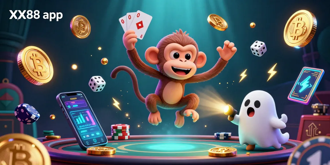 Engage with the energetic XX88 app in this vibrant ghostly casino scene featuring animated characters and crypto elements.