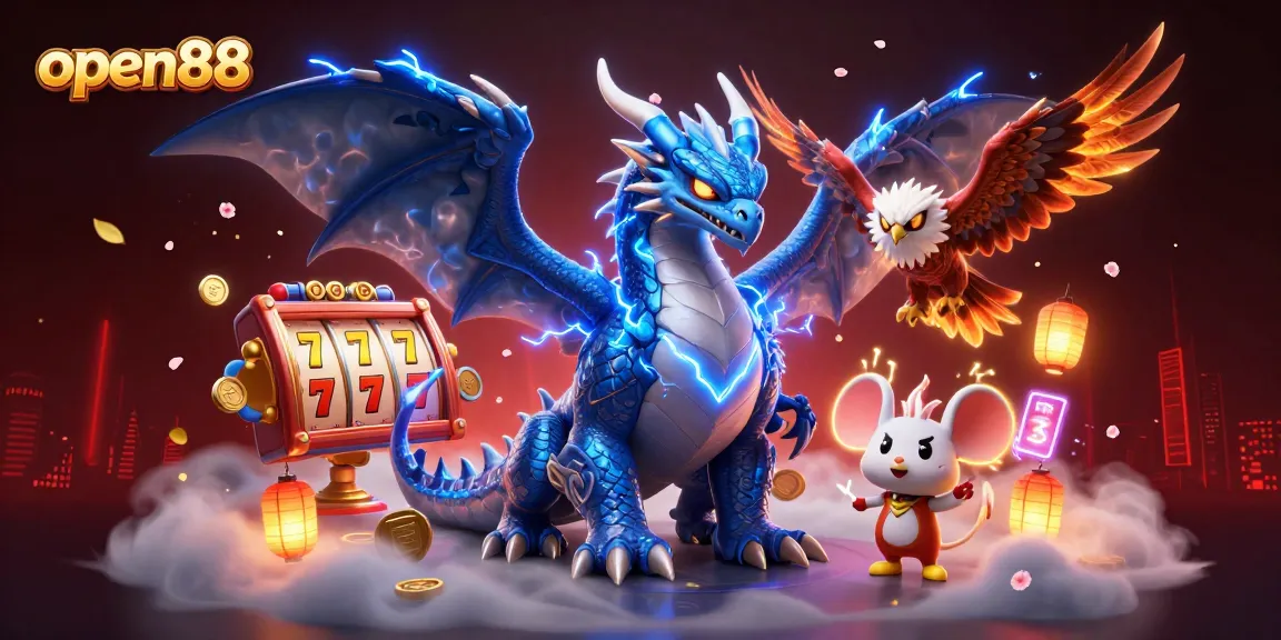 Experience thrilling gaming action with open88's dynamic 3D casino illustration featuring slot reels and vibrant characters.