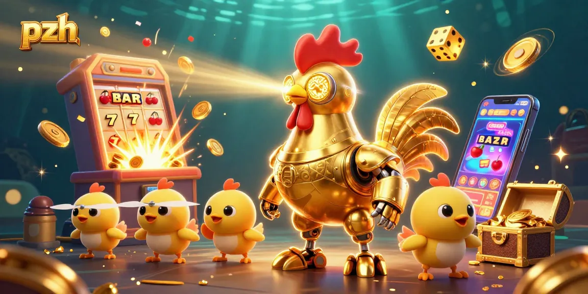 Experience the magic of pzh as a golden rooster robot ignites a jackpot explosion in a vibrant casino scene.