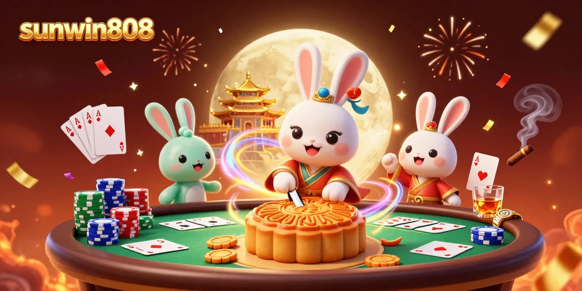 Join the excitement at sunwin808 with a whimsical 3D scene featuring a moon rabbit and poker chips.