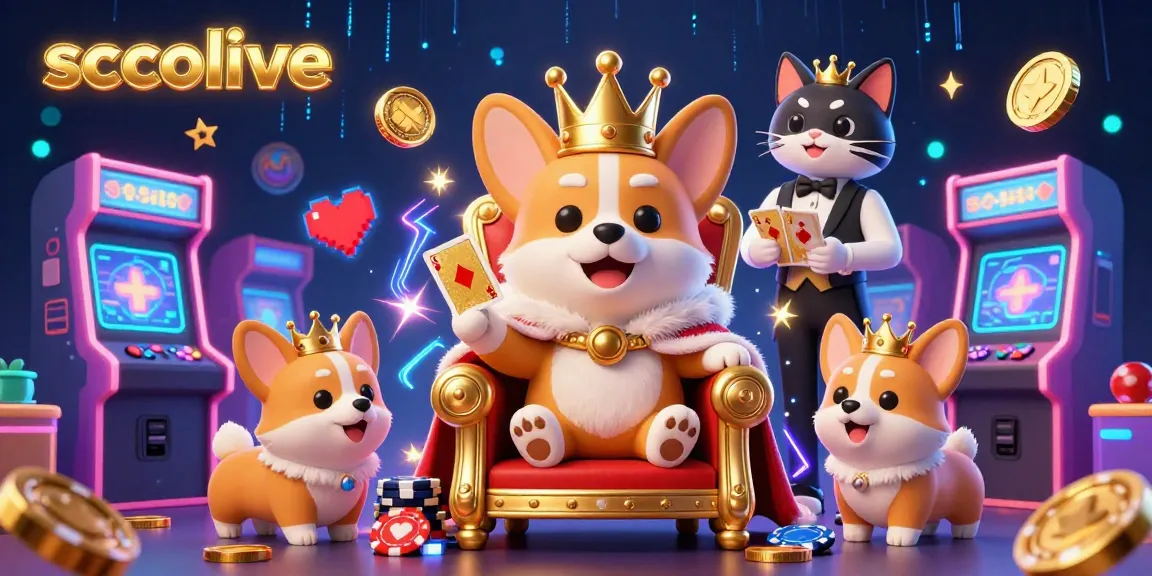Socolive offers immersive gambling fun with a royal corgi king and animated casino elements in a vibrant setting.