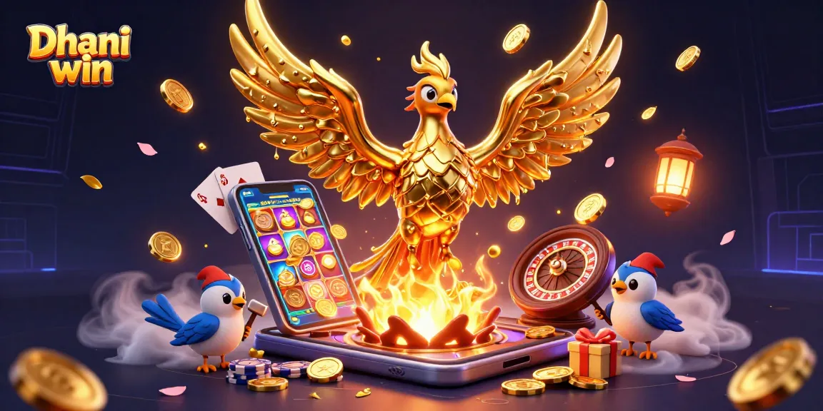 Dhani win players spin colorful slots and win golden rewards with a dynamic phoenix and playful sparrows.
