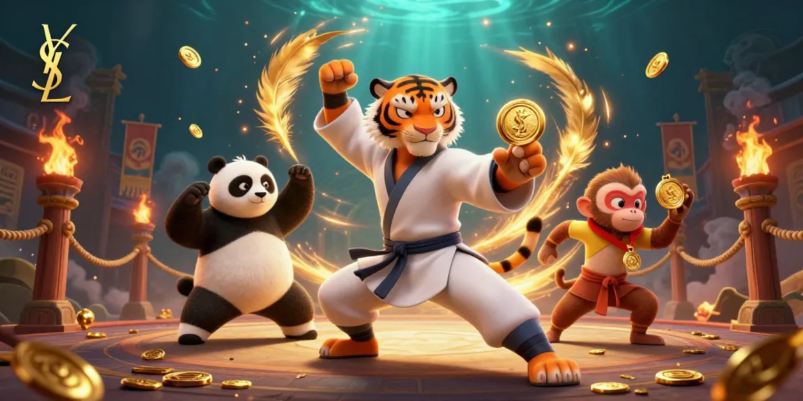 Engage in thrilling gaming with ysl's dynamic 3D illustration, showcasing a kung fu tiger and panda amidst casino elements.