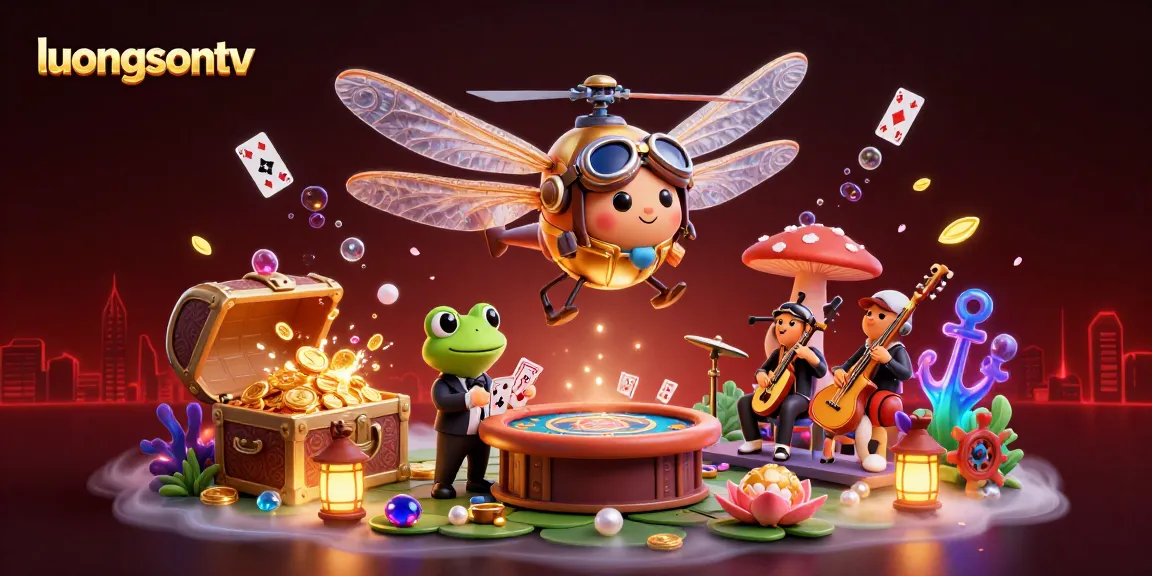 Engage with luongsontv through a vibrant 3D illustration showcasing a lively casino atmosphere with a frog croupier and dynamic characters.
