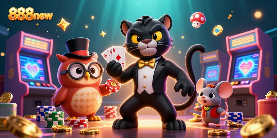 Experience the excitement of 888new with a stylish black panther dealer and charming characters in a vibrant casino scene.