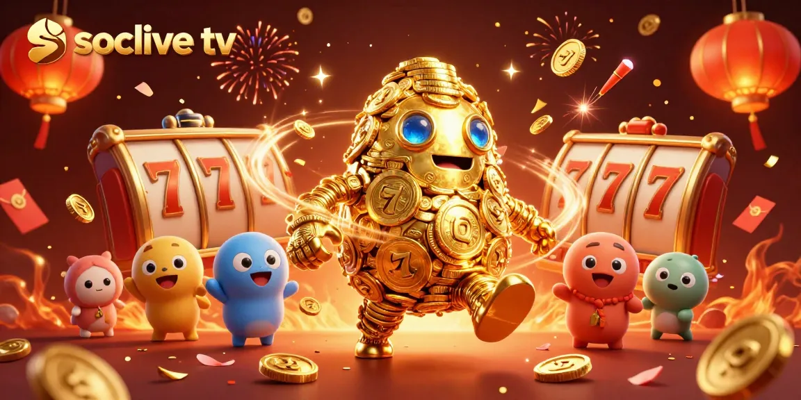 Experience the excitement of socolive tv with vibrant slot reels and golden golem surrounded by festive elements.