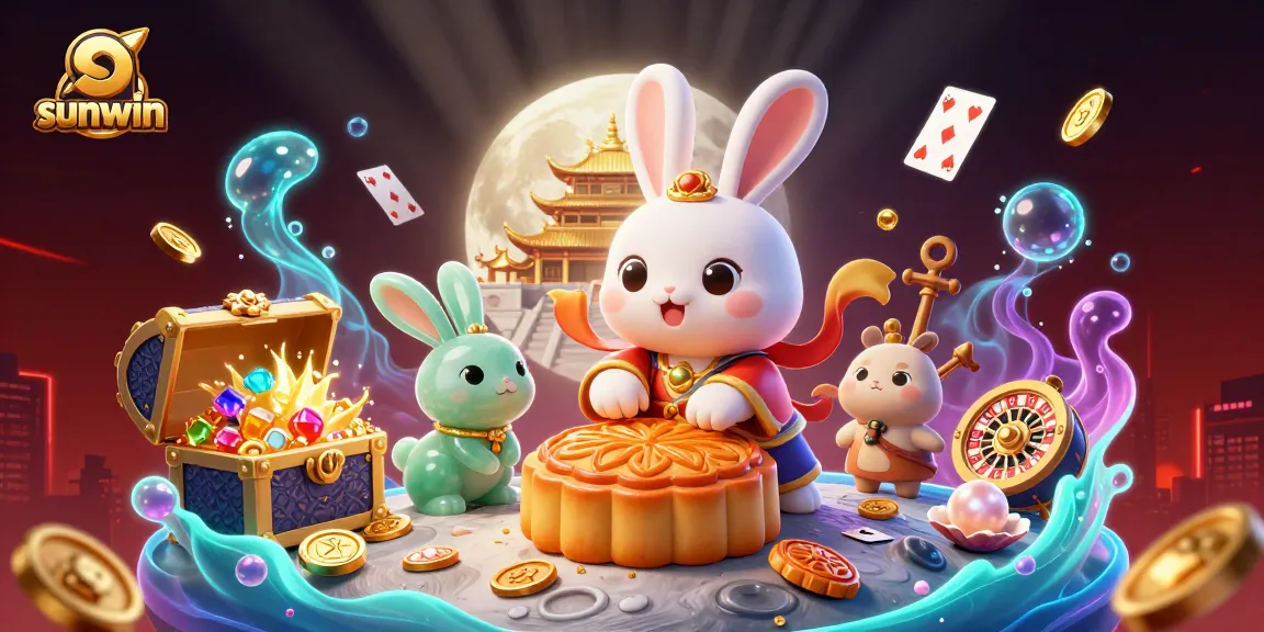 Experience the excitement of sunwin with a vibrant scene featuring a moon rabbit revealing poker chips in a mystical casino.