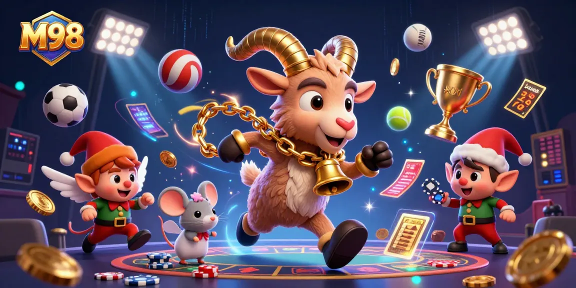 M98 casino scene featuring a mischievous Krampus goat and angel mouse amidst dynamic sports-themed gambling action.