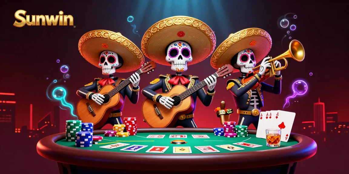 Engage with Sunwin's vibrant gambling scene featuring a lively mariachi band amidst poker elements in a richly detailed illustration.