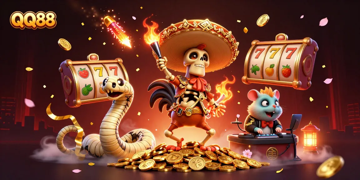 Experience QQ88's thrilling casino excitement with lively characters amidst a vibrant gaming scene.